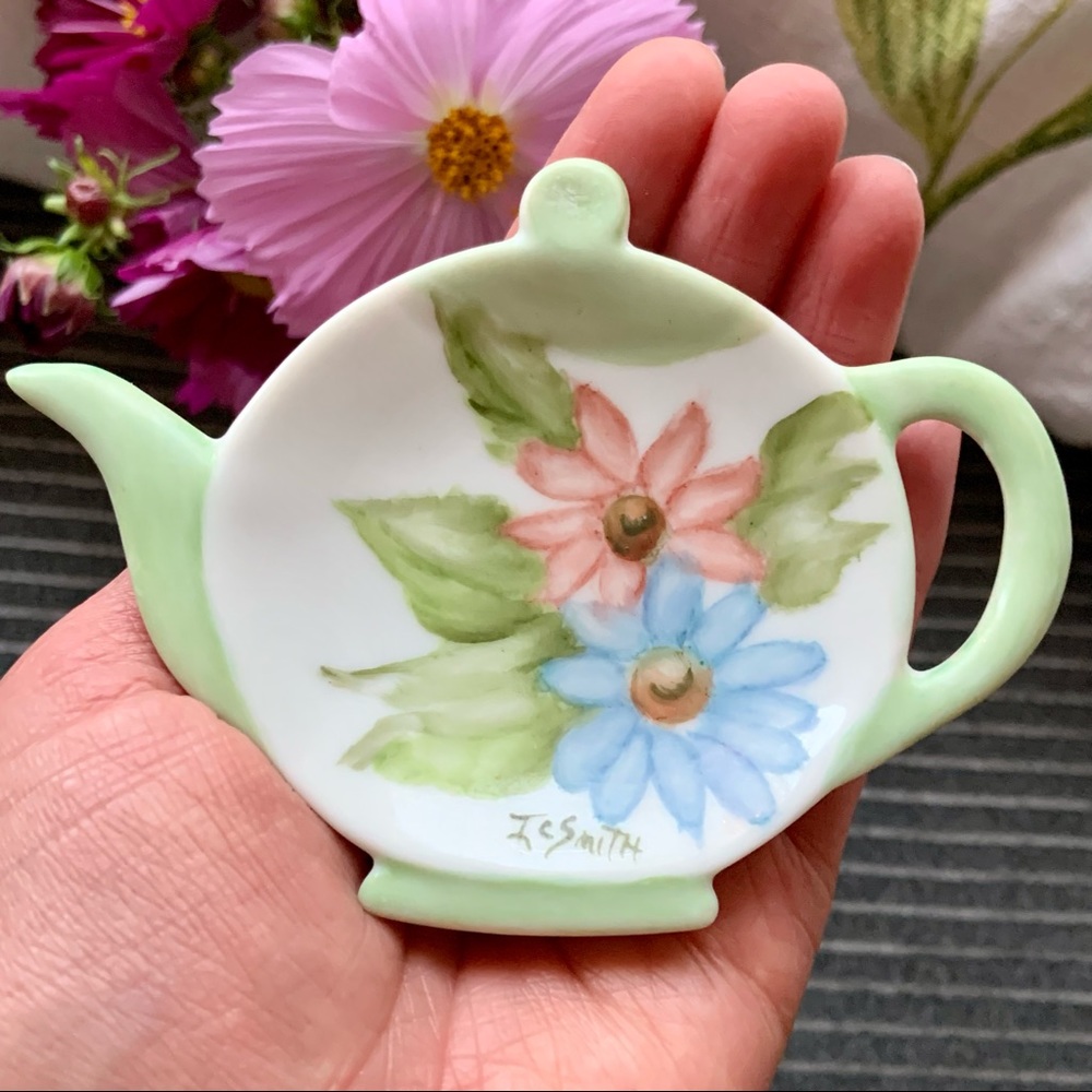 Vintage Tea Bag Caddy Holder / Hand Painted Ceramic Tea Bag Holder Trinket Dish.